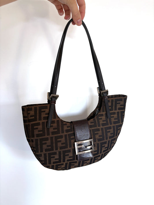 Fendi Tobacco Zucca canvas crescent shoulder bag with dark brown leather trim
