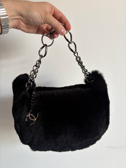 Chanel Black Lapin (Rabbit) Fur Chain Hobo Bag