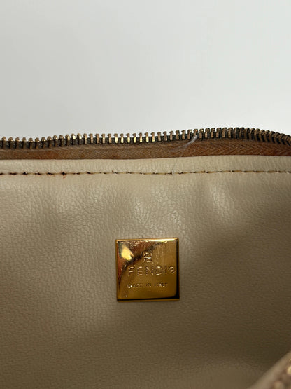 Fendi beige and turquoise mini shoulder bag with FF monogram jacquard and gold-tone hardware.