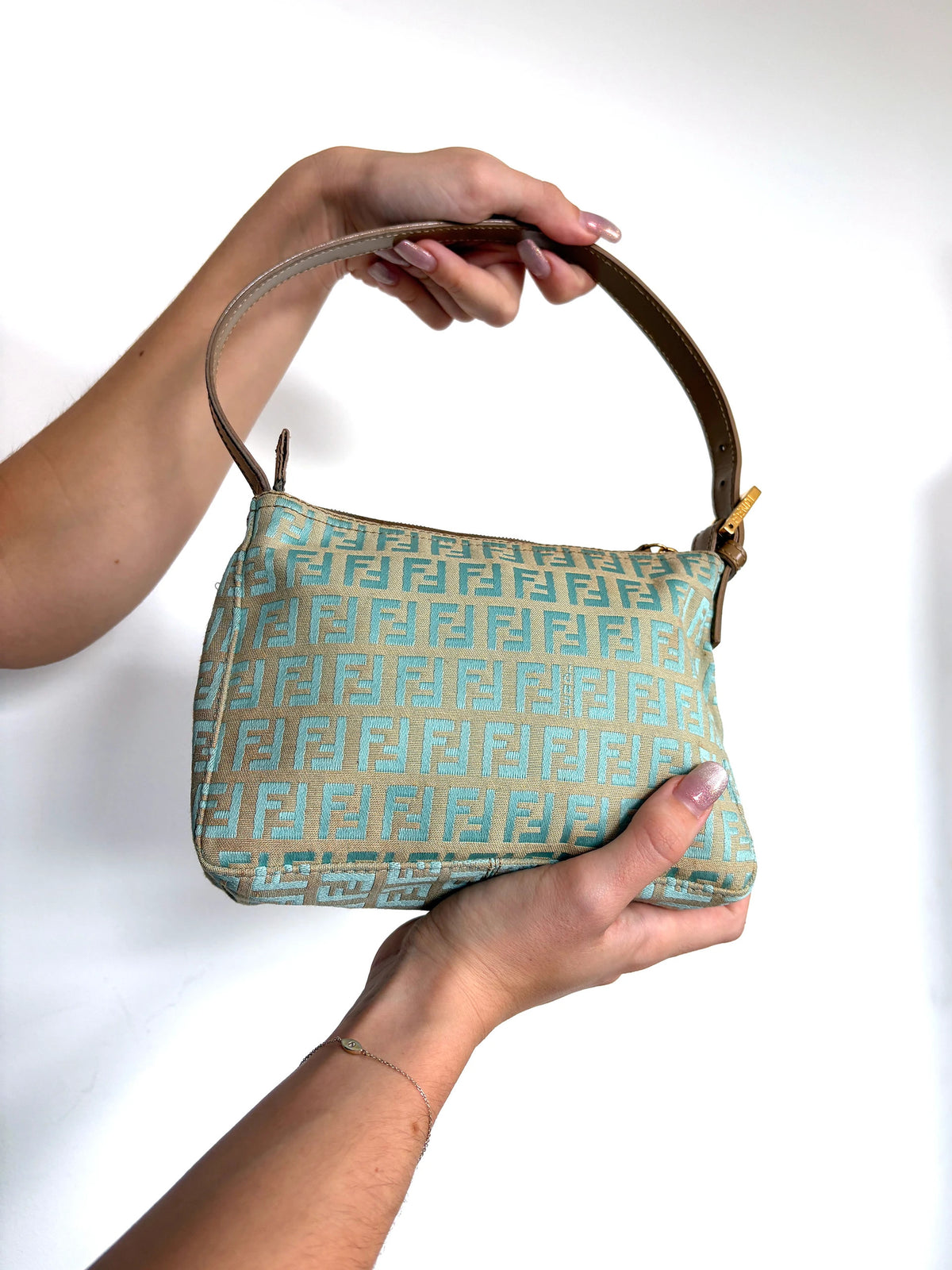 Fendi beige and turquoise mini shoulder bag with FF monogram jacquard and gold-tone hardware.