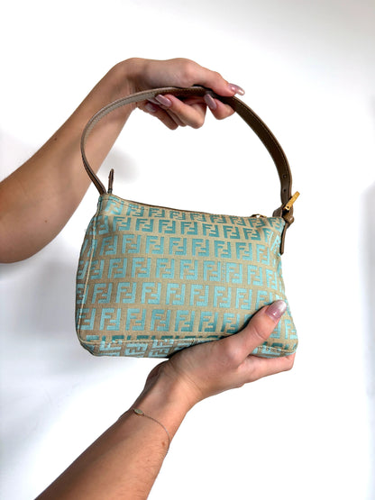 Fendi beige and turquoise mini shoulder bag with FF monogram jacquard and gold-tone hardware.