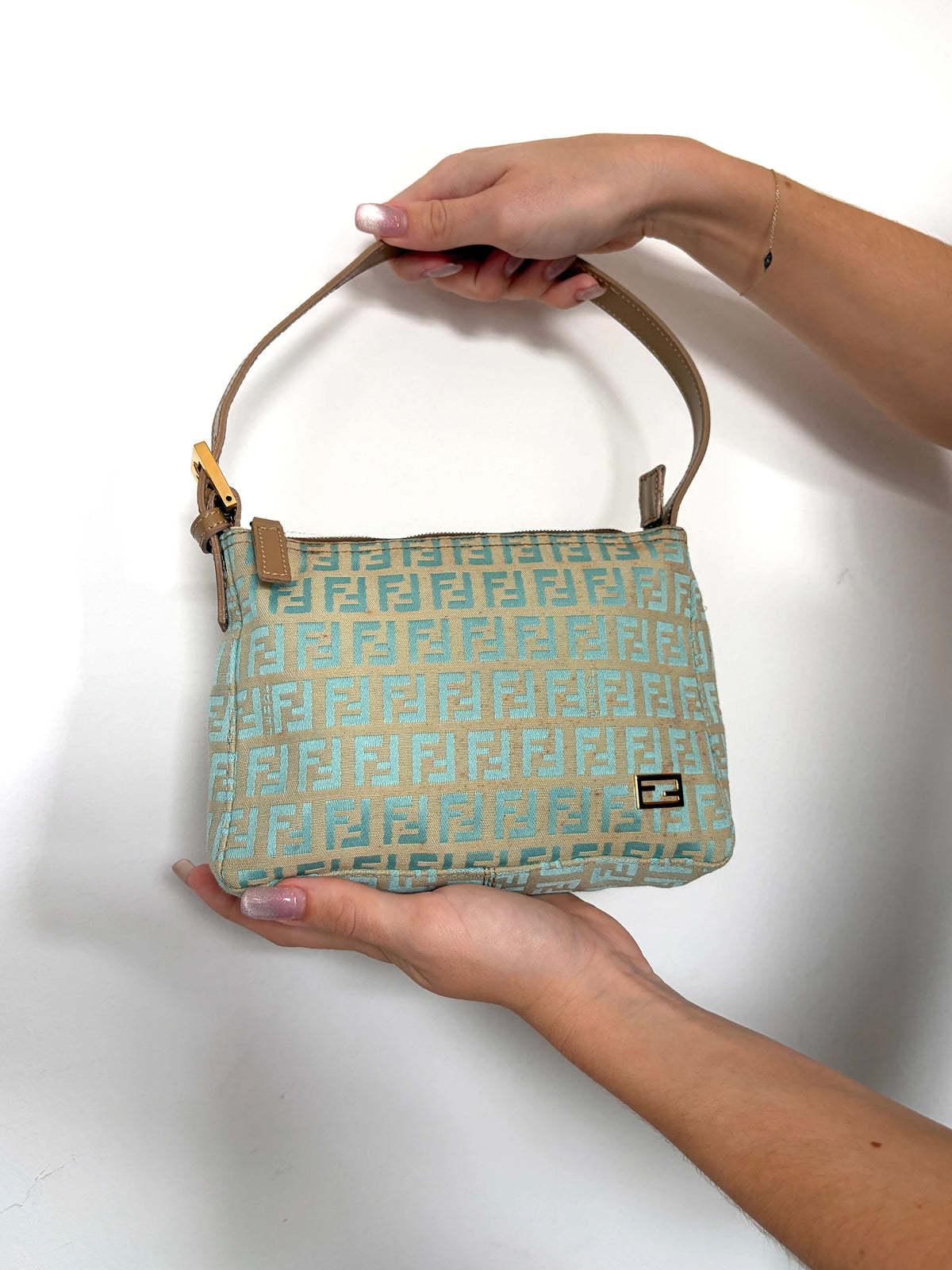 Fendi beige and turquoise mini shoulder bag with FF monogram jacquard and gold-tone hardware.