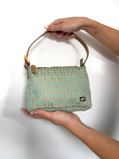 Fendi beige and turquoise mini shoulder bag with FF monogram jacquard and gold-tone hardware.