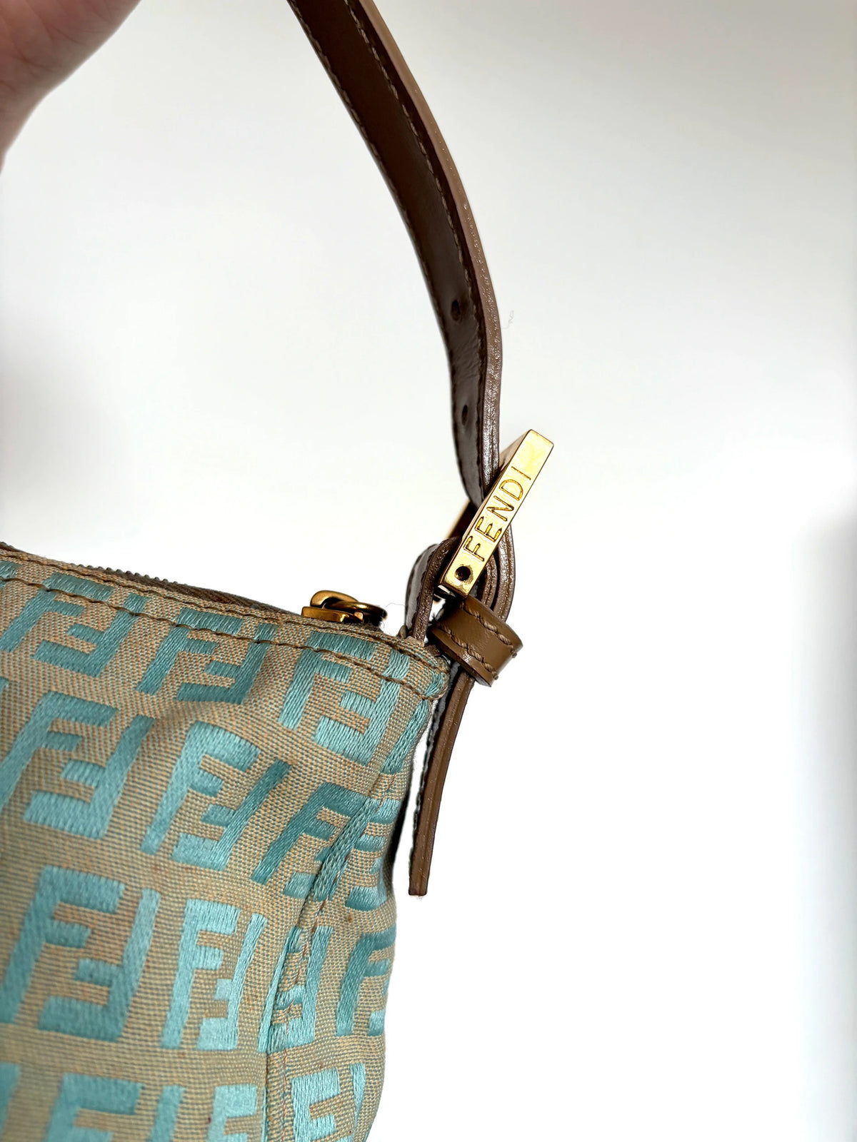 Fendi beige and turquoise mini shoulder bag with FF monogram jacquard and gold-tone hardware.