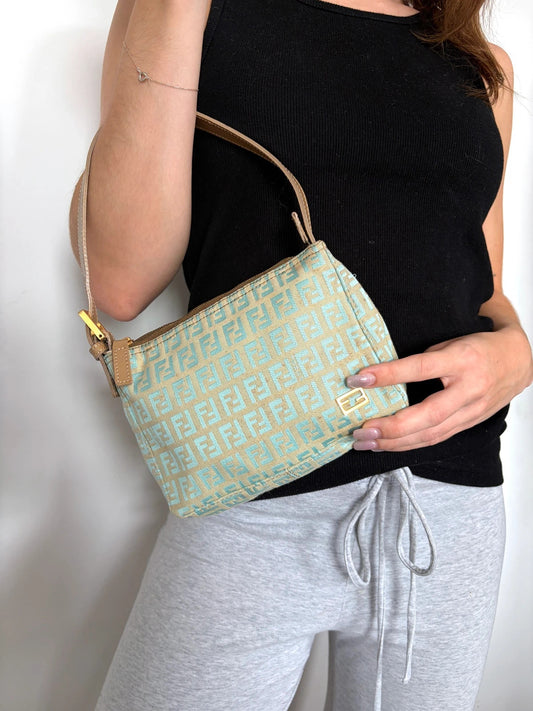 Fendi beige and turquoise mini shoulder bag with FF monogram jacquard and gold-tone hardware.