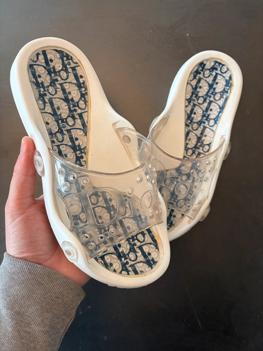 Dior blue and white jelly slides with monogram print, excellent condition, size 36.