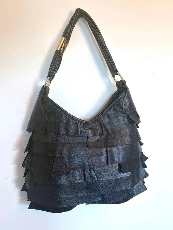 Yves Saint Laurent black leather Saint Tropez hobo with tiered panels and gold-tone logo plaque