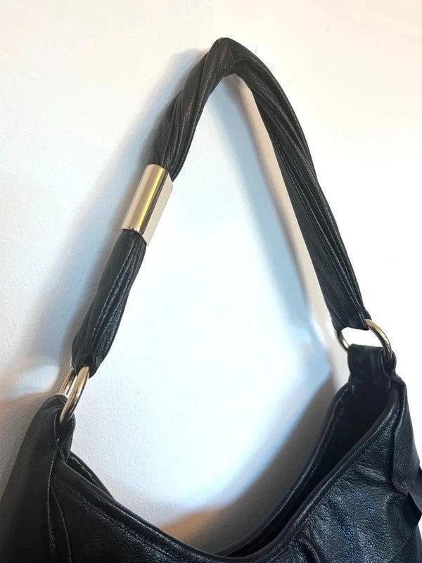 Yves Saint Laurent black leather Saint Tropez hobo with tiered panels and gold-tone logo plaque