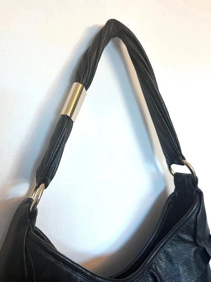 Yves Saint Laurent black leather Saint Tropez hobo with tiered panels and gold-tone logo plaque