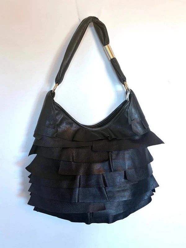 Yves Saint Laurent black leather Saint Tropez hobo with tiered panels and gold-tone logo plaque