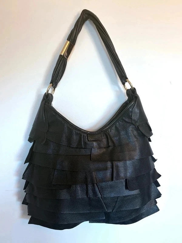 Yves Saint Laurent black leather Saint Tropez hobo with tiered panels and gold-tone logo plaque