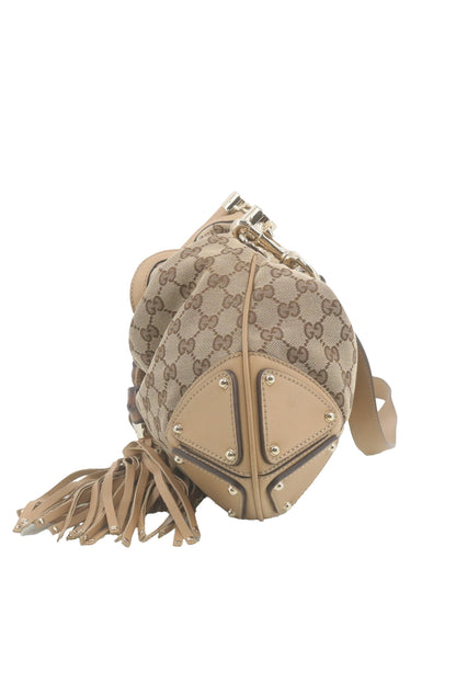 Gucci SS07 large Indy hobo in beige and ebony GG canvas with bamboo-cap tassels