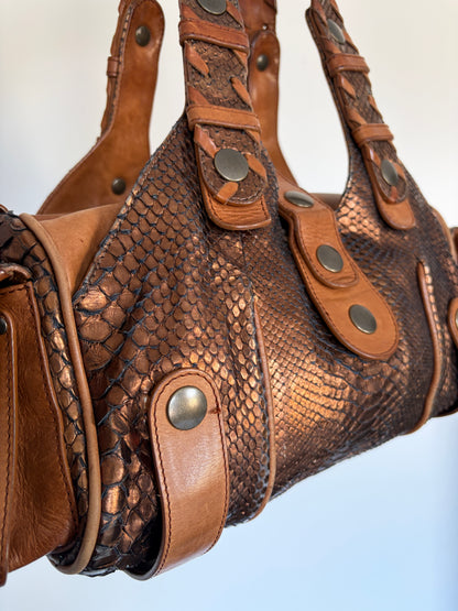 Chloé Silverado bag in metallic bronze python with whipstitched handles and studs