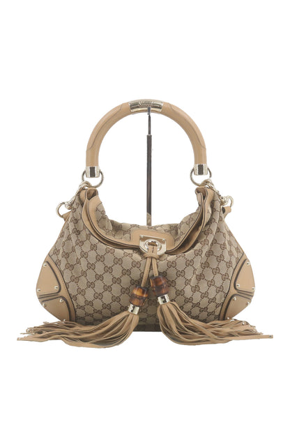 Gucci SS07 large Indy hobo in beige and ebony GG canvas with bamboo-cap tassels