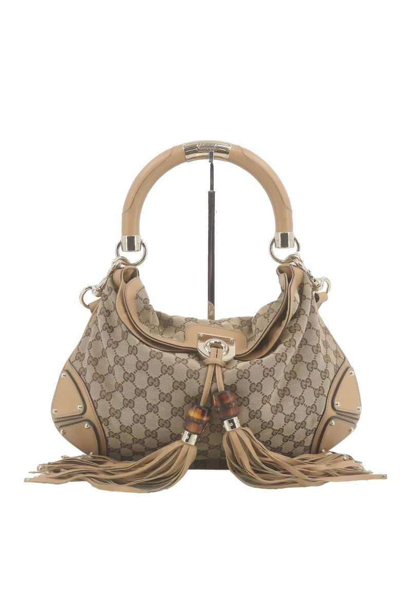 Gucci SS07 large Indy hobo in beige and ebony GG canvas with bamboo-cap tassels