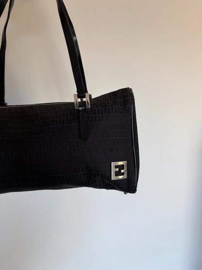 Fendi black shoulder bag with Zucchino monogram canvas, silver-tone hardware, and leather trim.