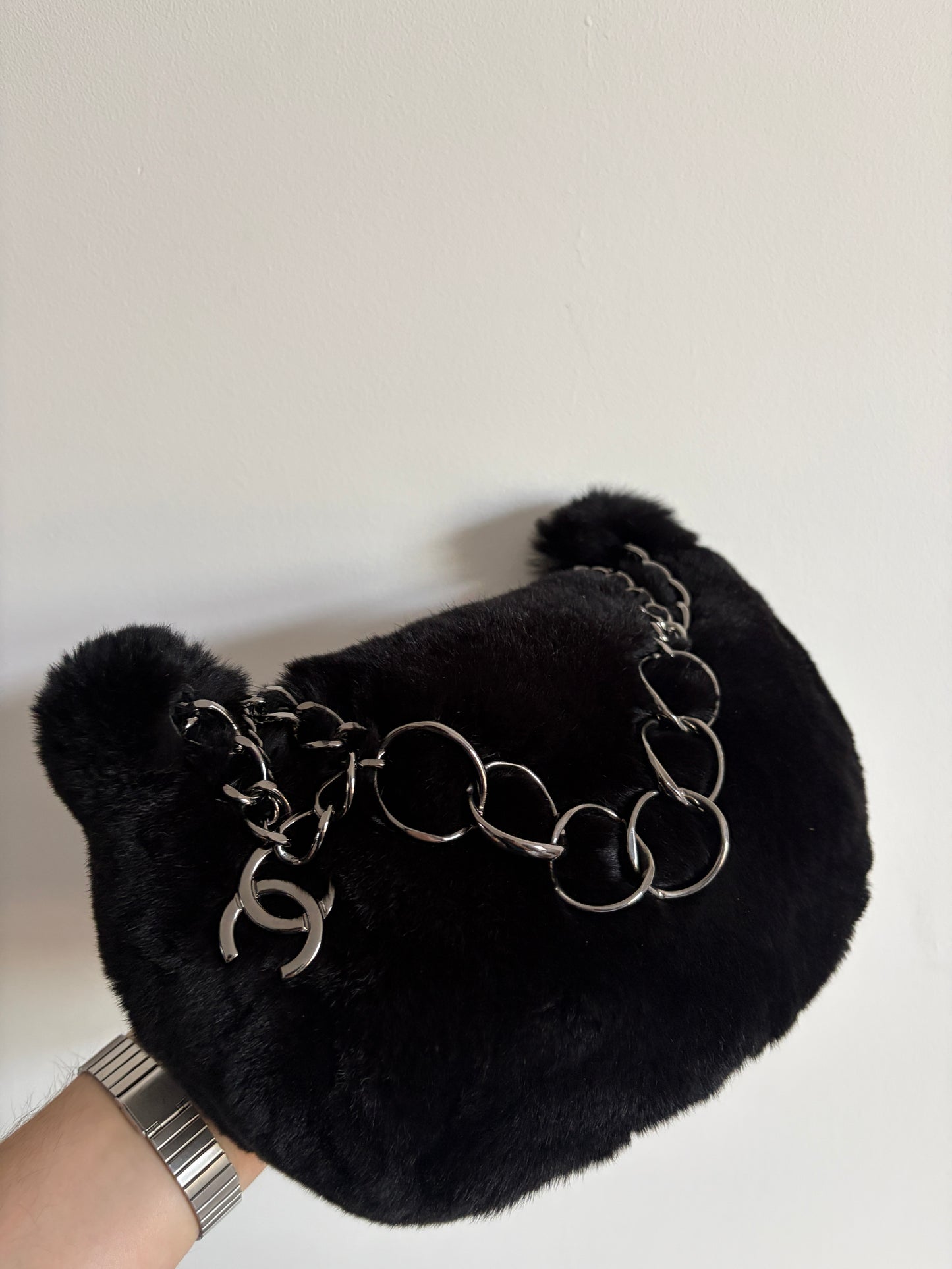 Chanel Black Lapin (Rabbit) Fur Chain Hobo Bag