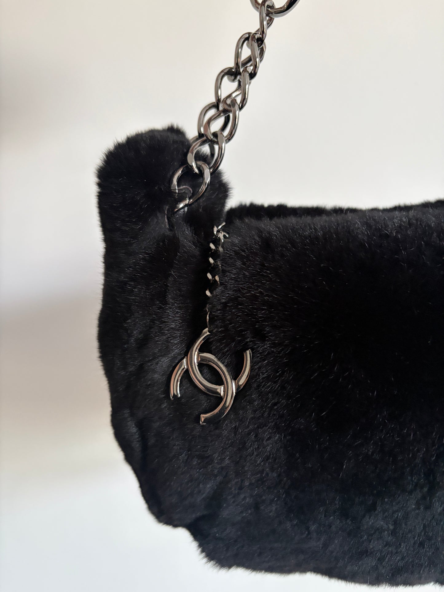 Chanel Black Lapin (Rabbit) Fur Chain Hobo Bag