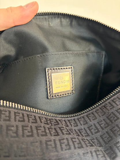 Fendi black shoulder bag with Zucchino monogram canvas, silver-tone hardware, and leather trim.