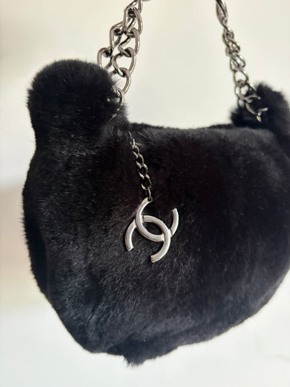 Chanel Black Lapin (Rabbit) Fur Chain Hobo Bag