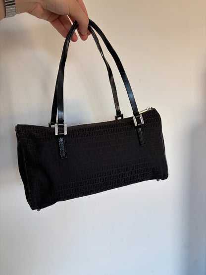 Fendi black shoulder bag with Zucchino monogram canvas, silver-tone hardware, and leather trim.
