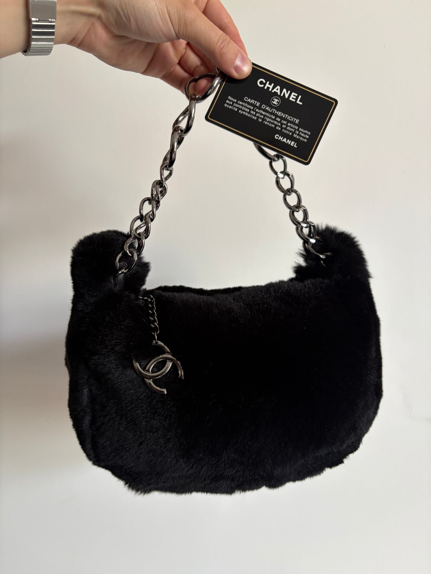 Chanel Black Lapin (Rabbit) Fur Chain Hobo Bag