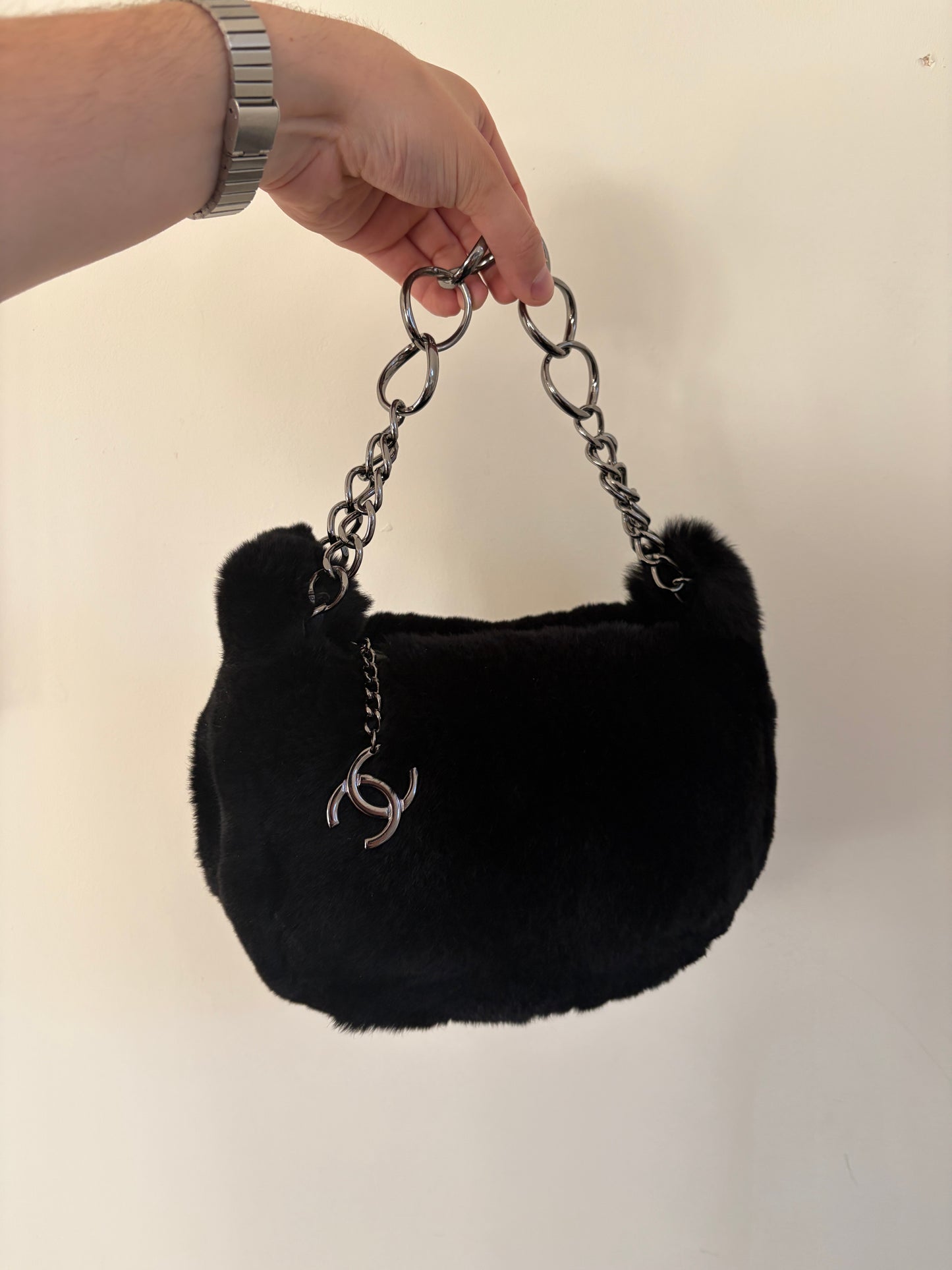 Chanel Black Lapin (Rabbit) Fur Chain Hobo Bag