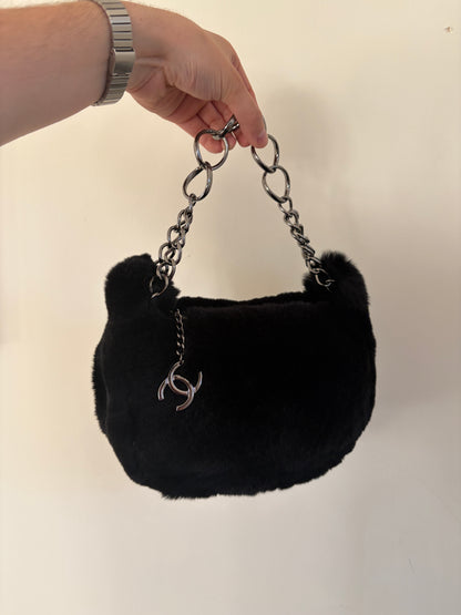 Chanel Black Lapin (Rabbit) Fur Chain Hobo Bag