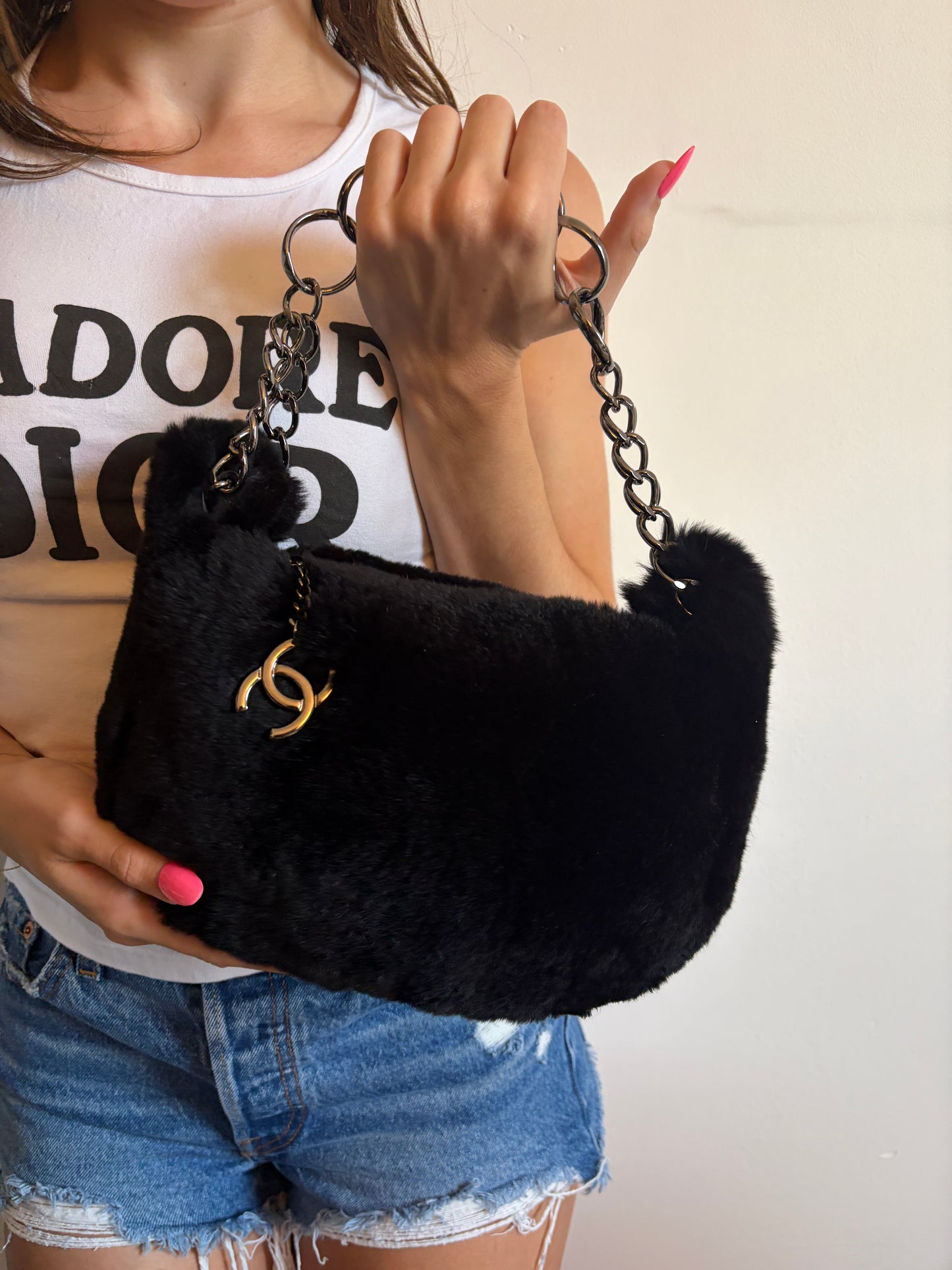 Archive '02 Chanel Black Lapin Fur Chain Hobo Bag