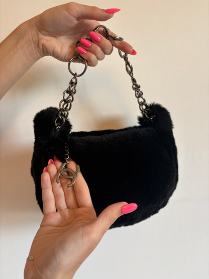 Archive '02 Chanel Black Lapin Fur Chain Hobo Bag