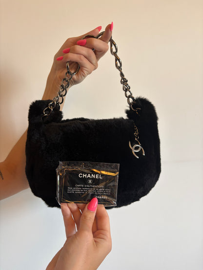 Archive '02 Chanel Black Lapin Fur Chain Hobo Bag