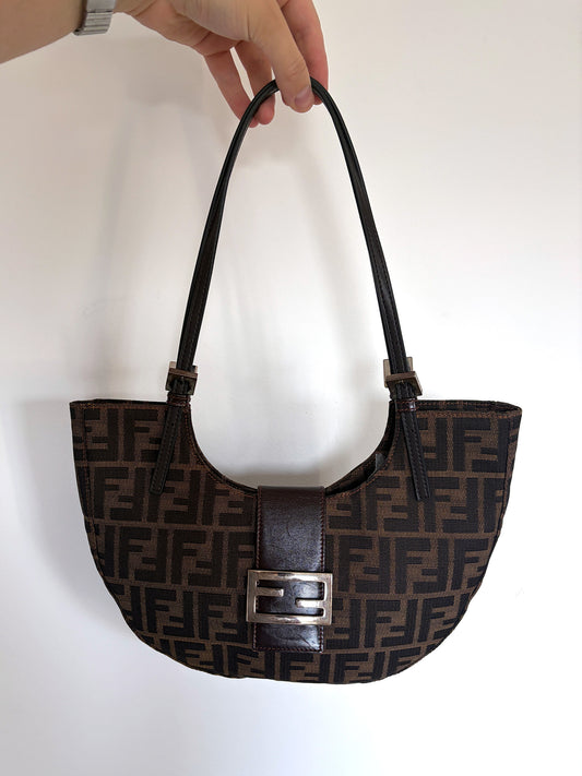 Fendi Tobacco Zucca canvas crescent shoulder bag with dark brown leather trim