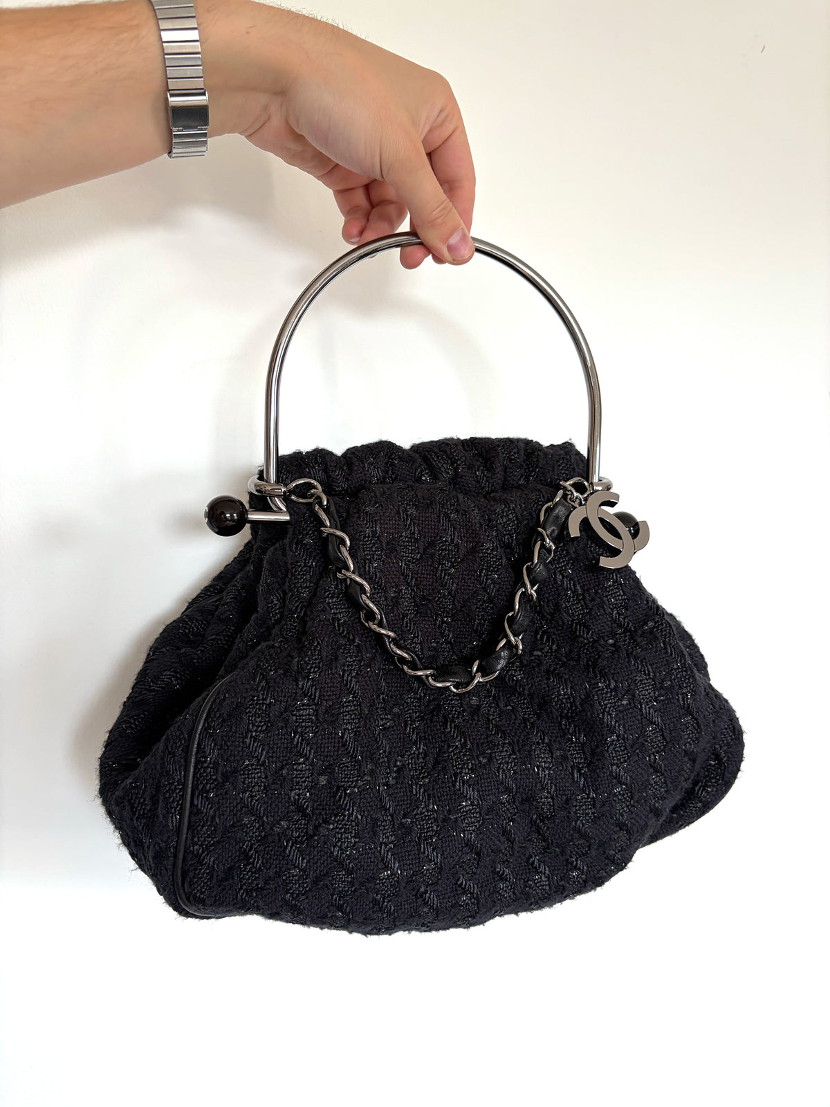 Chanel 2005 black metallic tweed knitting bag with ruthenium handle and CC charm