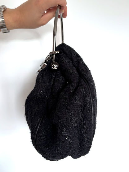 Chanel 2005 black metallic tweed knitting bag with ruthenium handle and CC charm