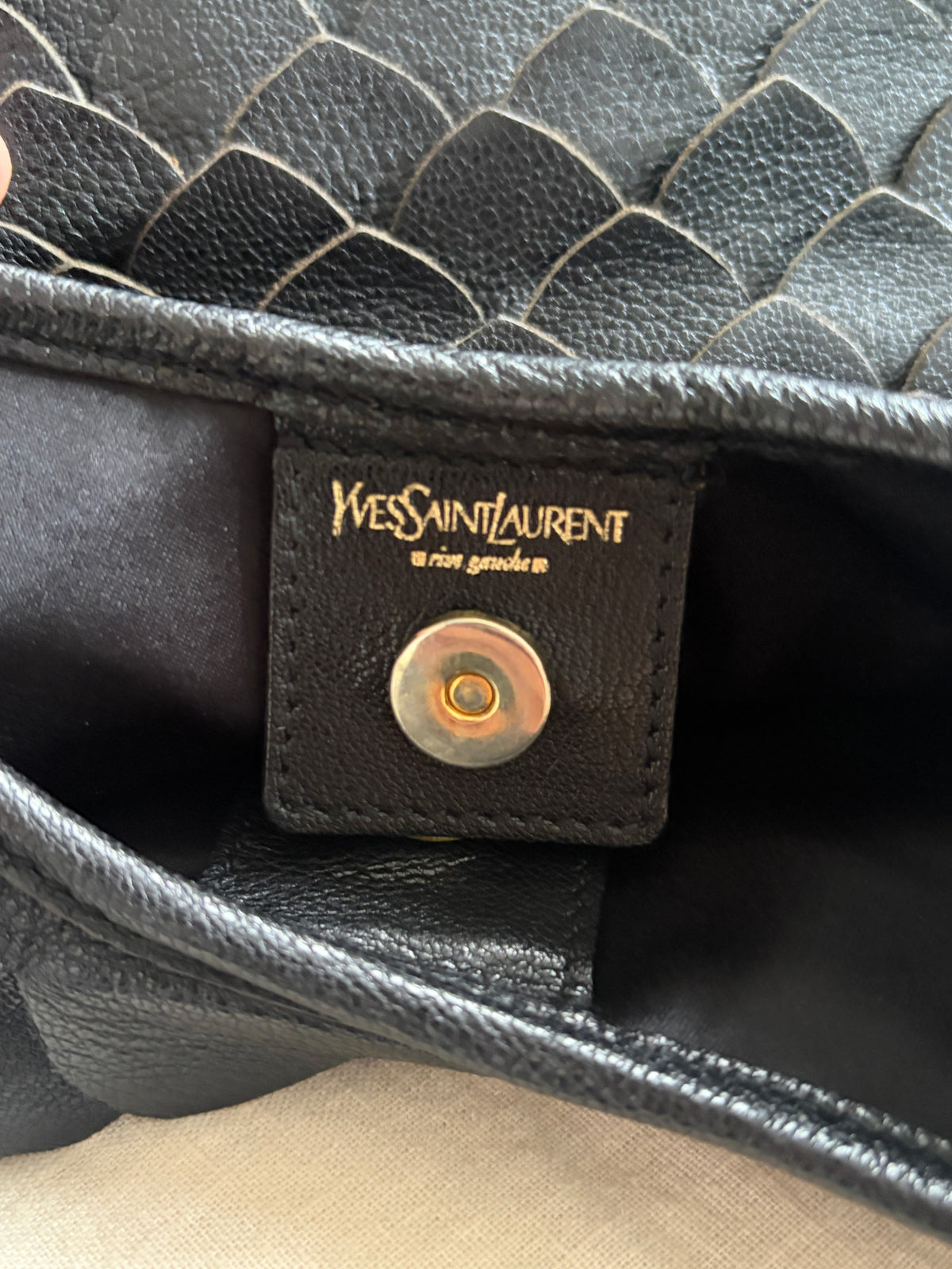 2005 YSL Rive Gauche Black Leather Scale Hobo Bag