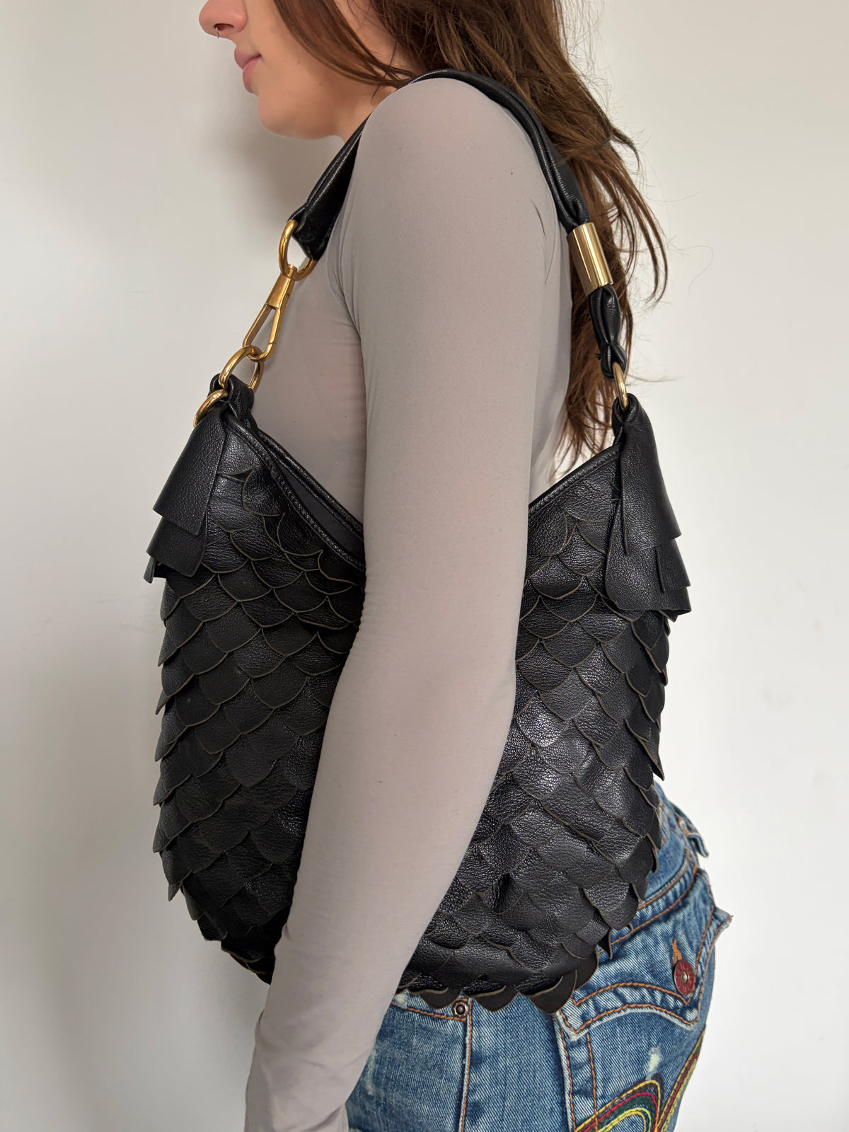 2005 YSL Rive Gauche Black Leather Scale Hobo Bag