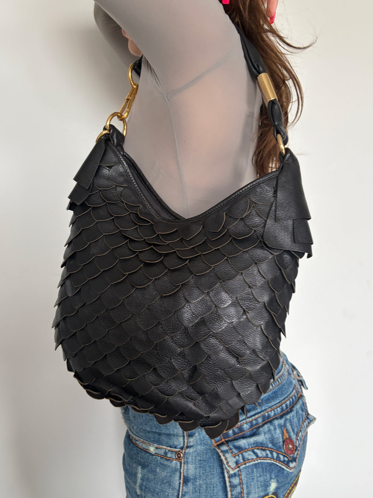 2005 YSL Rive Gauche Black Leather Scale Hobo Bag