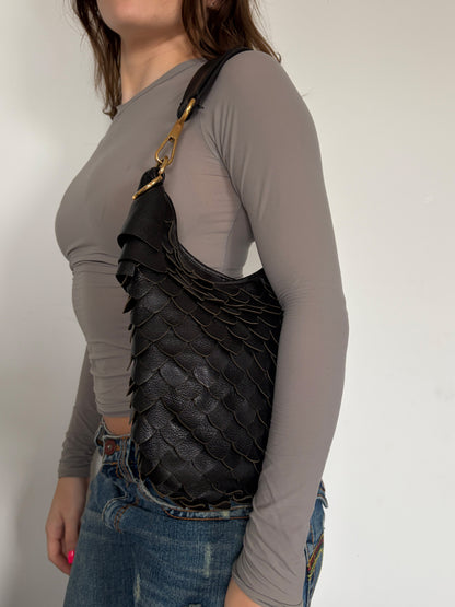2005 YSL Rive Gauche Black Leather Scale Hobo Bag