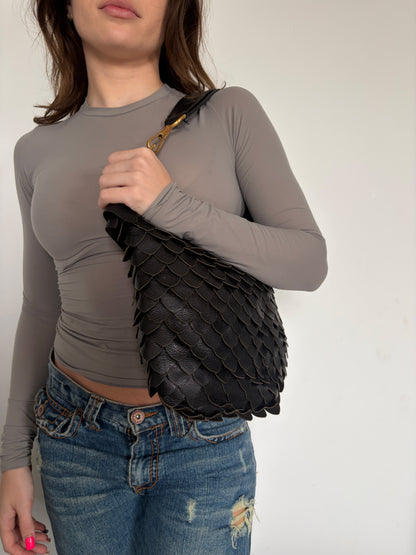 2005 YSL Rive Gauche Black Leather Scale Hobo Bag